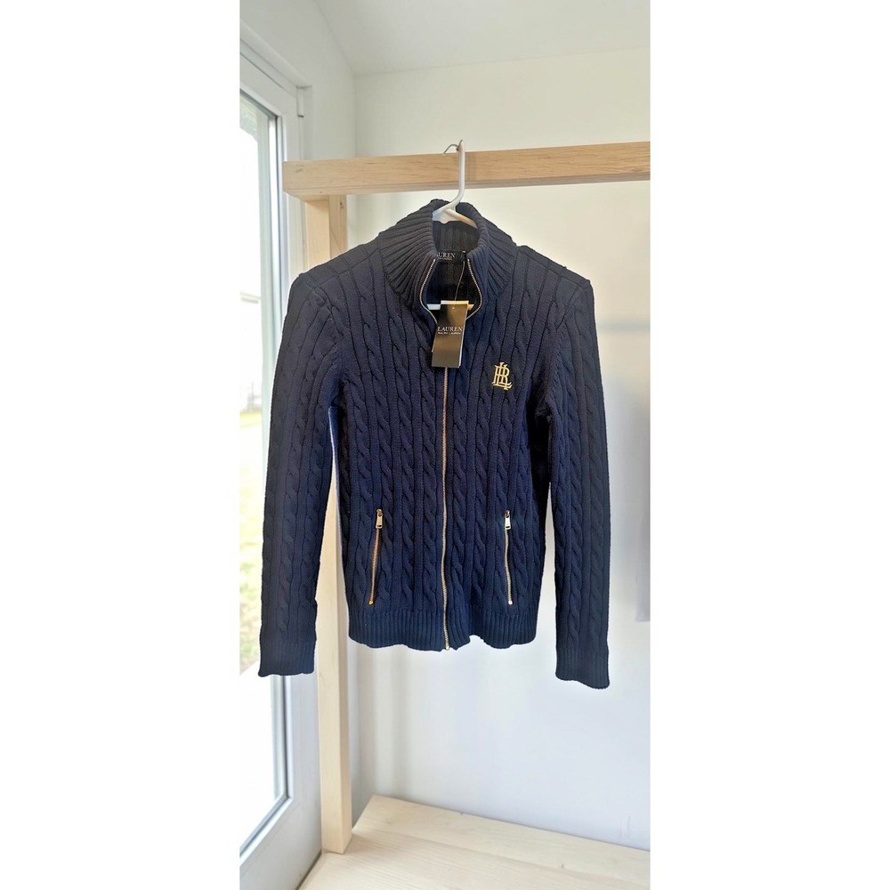 Lauren Ralph Lauren Chunky Cable-Knit Zip Up Navy Cardigan Sweater NWT Sz M